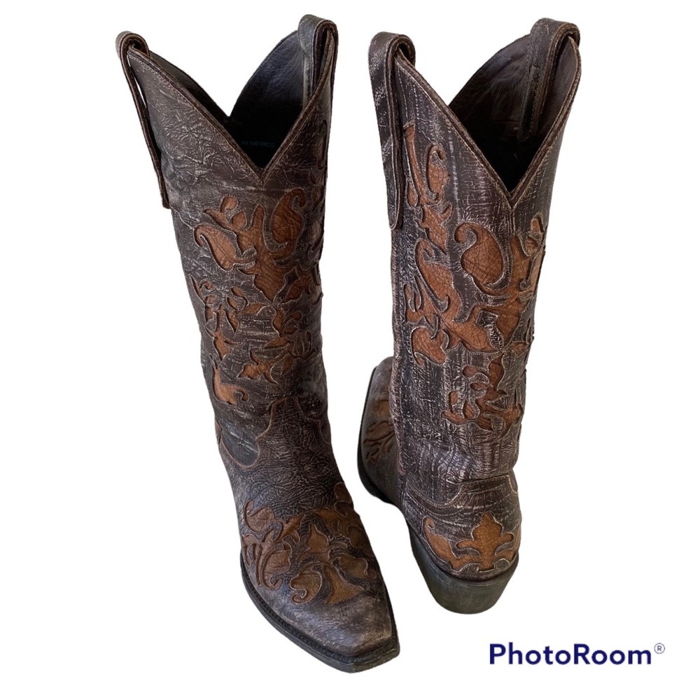 Lane Western Inlay Distressed Leather Boots Size 6.5